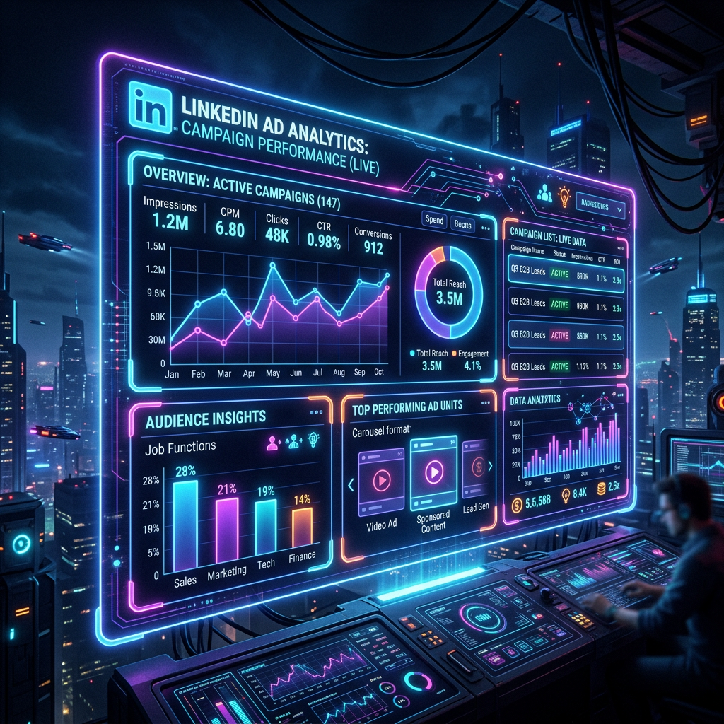 Futuristic digital dashboard displaying LinkedIn ad campaign performance metrics and analytics in a high-tech control room